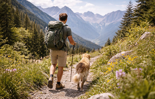 Ein Hundehalter wandert mit seinem Hund auf einem Wanderweg durch die Südtiroler Alpen.